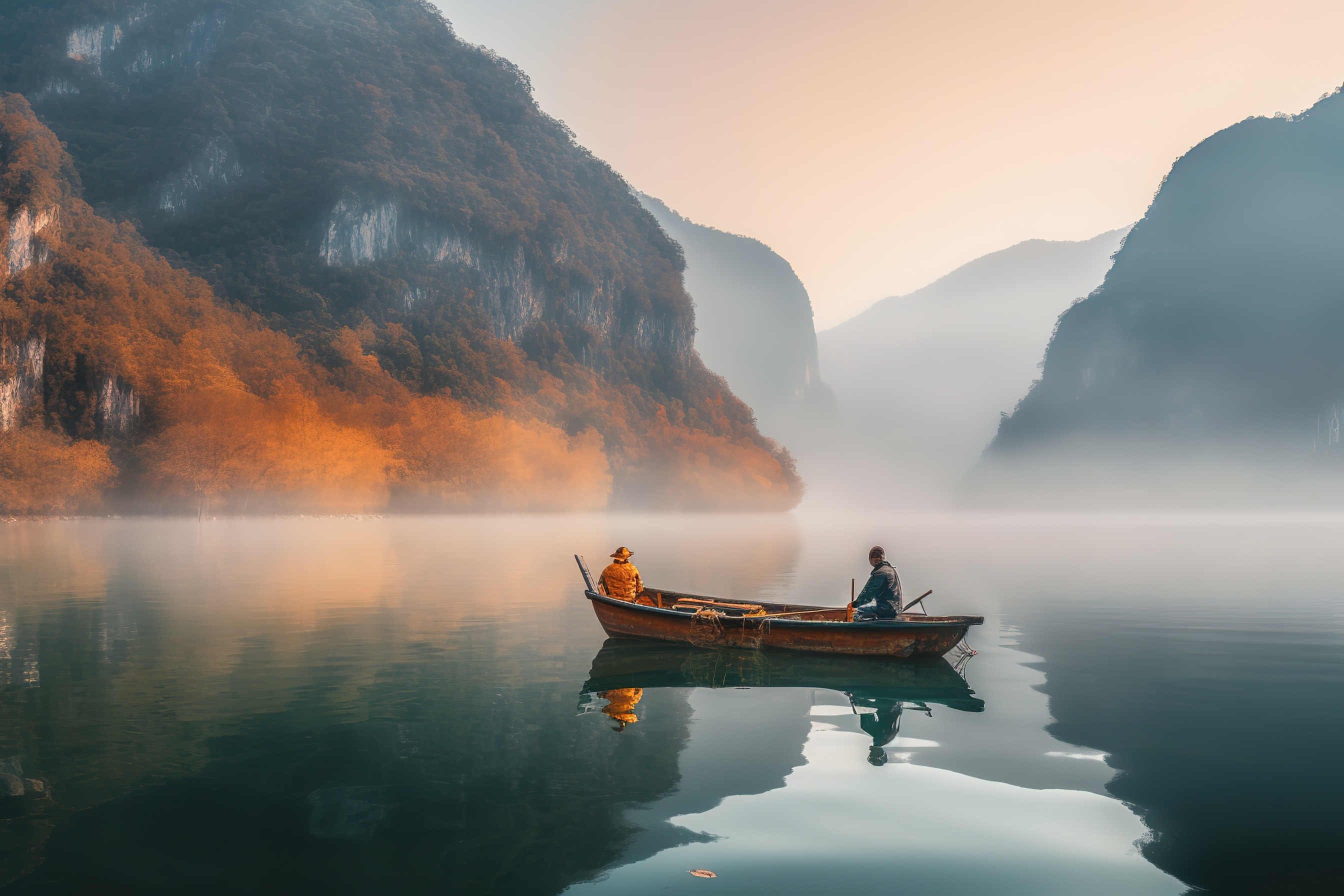 湖畔晨雾中的传统渔舟风景