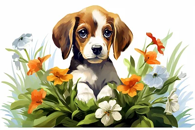 可爱比格犬在大花丛中玩耍插图