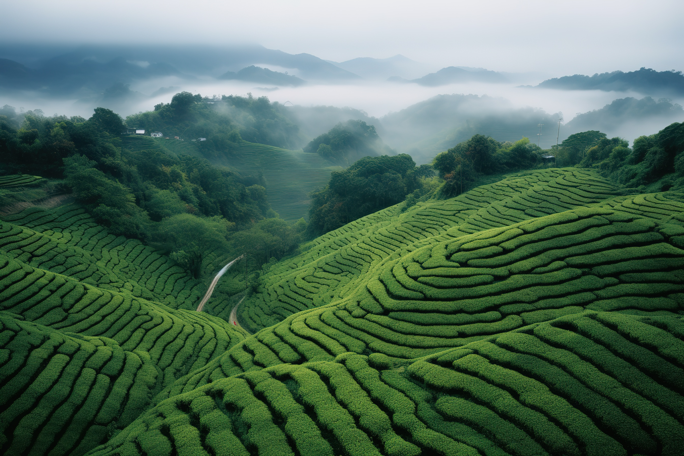 杭州龙井茶山春日雾景