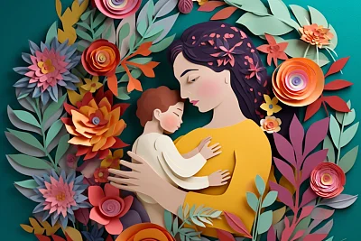 春天花园中的母子剪纸艺术插图