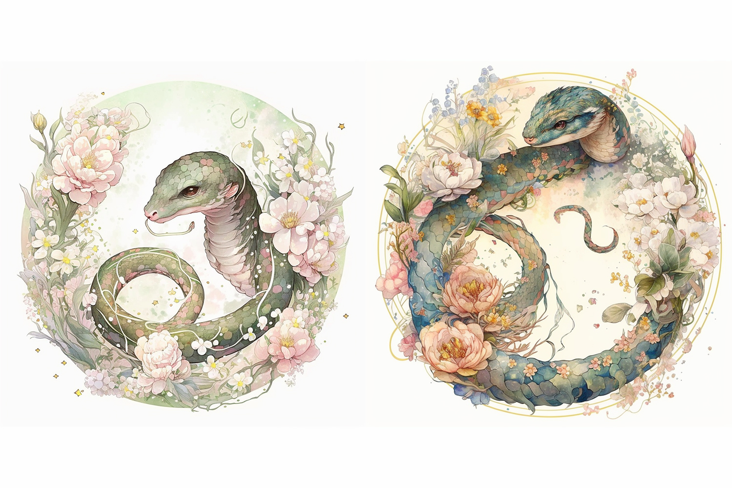 水彩风格东方幻想小蛇全身插画