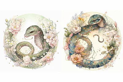 水彩风格东方幻想小蛇全身插画