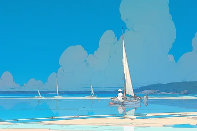 豪华手表装饰的孤独帆船海景插图
