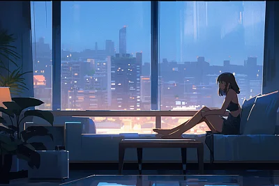 全景窗城市夜景奢华水彩画