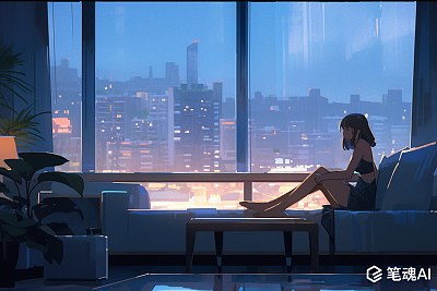 全景窗城市夜景奢华水彩画