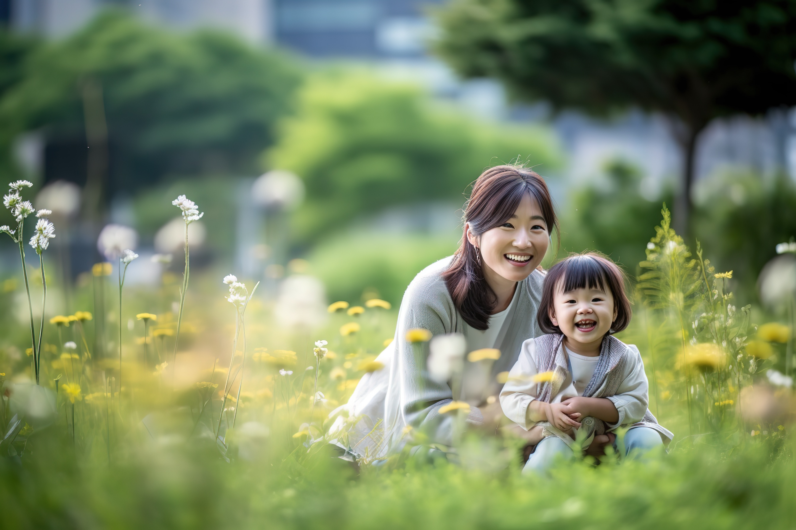 韩国妇女与孩子在公园草地微笑互动