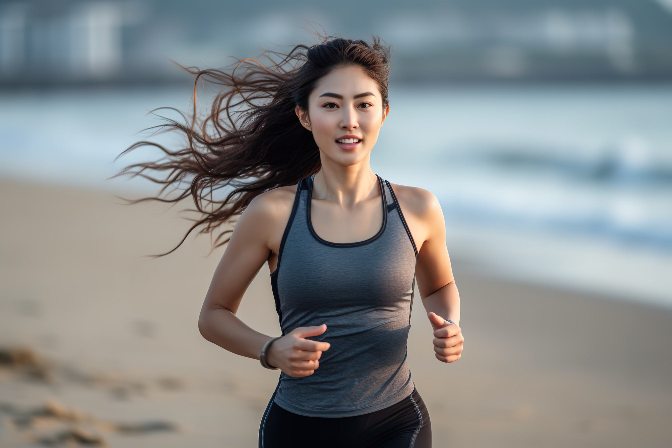 韩国女子沙滩慢跑活力照