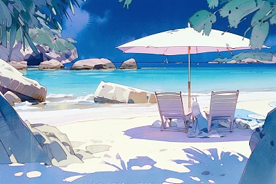 热带海滩度假水彩画