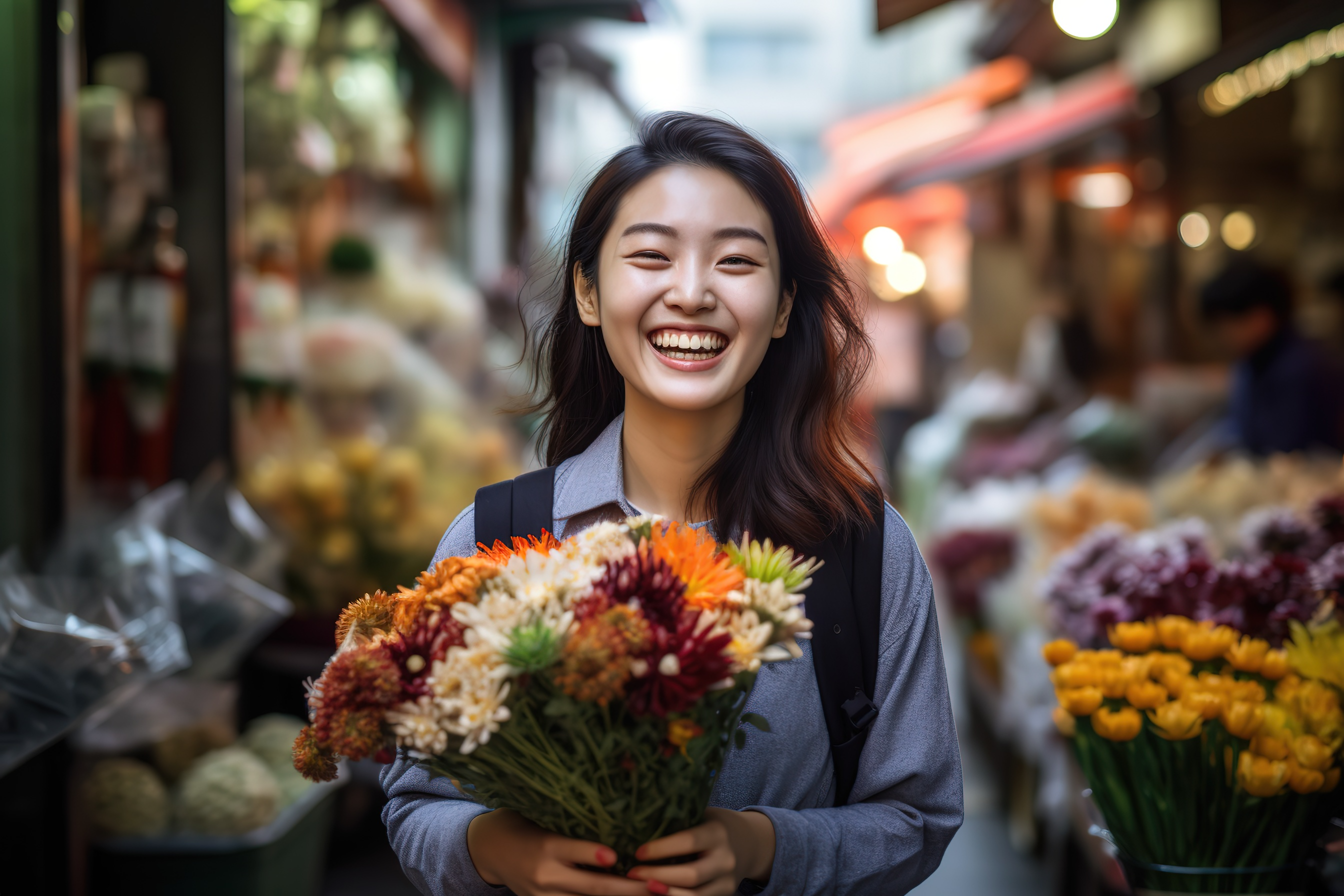 韩国女性花店外幸福微笑