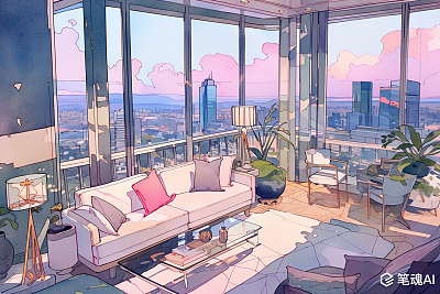 豪华城市天际线酒店套房水彩画