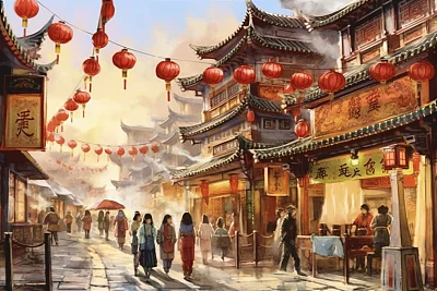 古代中国新年水彩街道插画