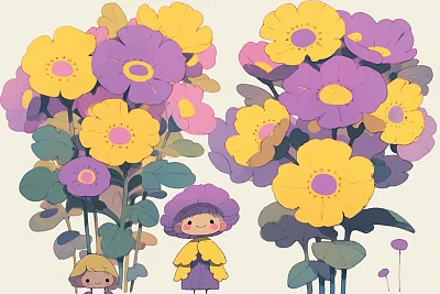 色彩斑斓的墙壁艺术黄色紫色花朵
