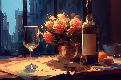 烛光下的葡萄酒与奶酪玫瑰花束静物艺术