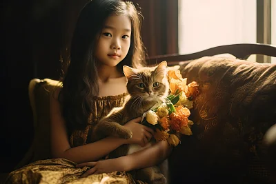 精致中国小女孩与黄猫温馨时刻
