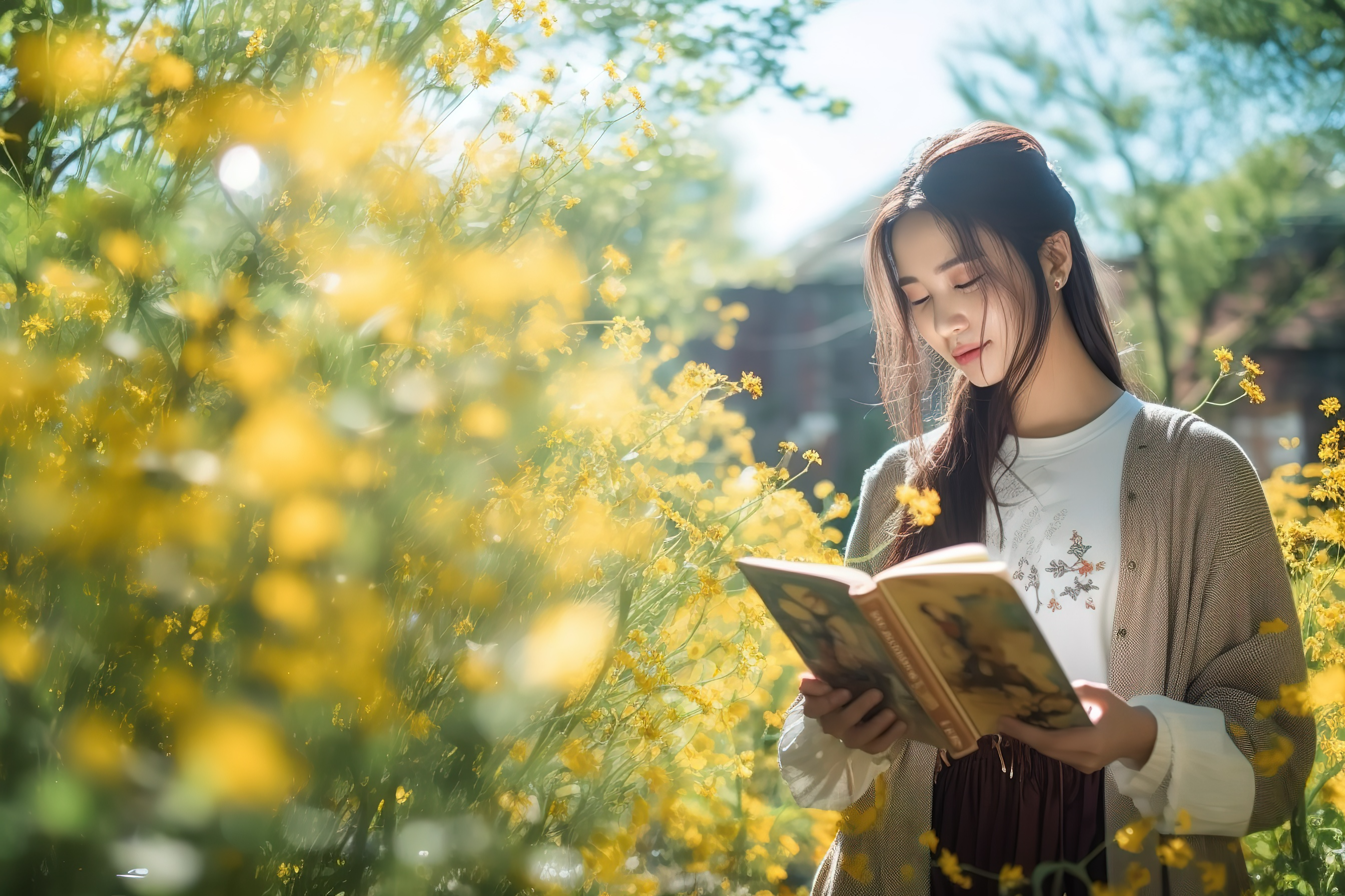 北京大学校园女孩读书鲜花照片