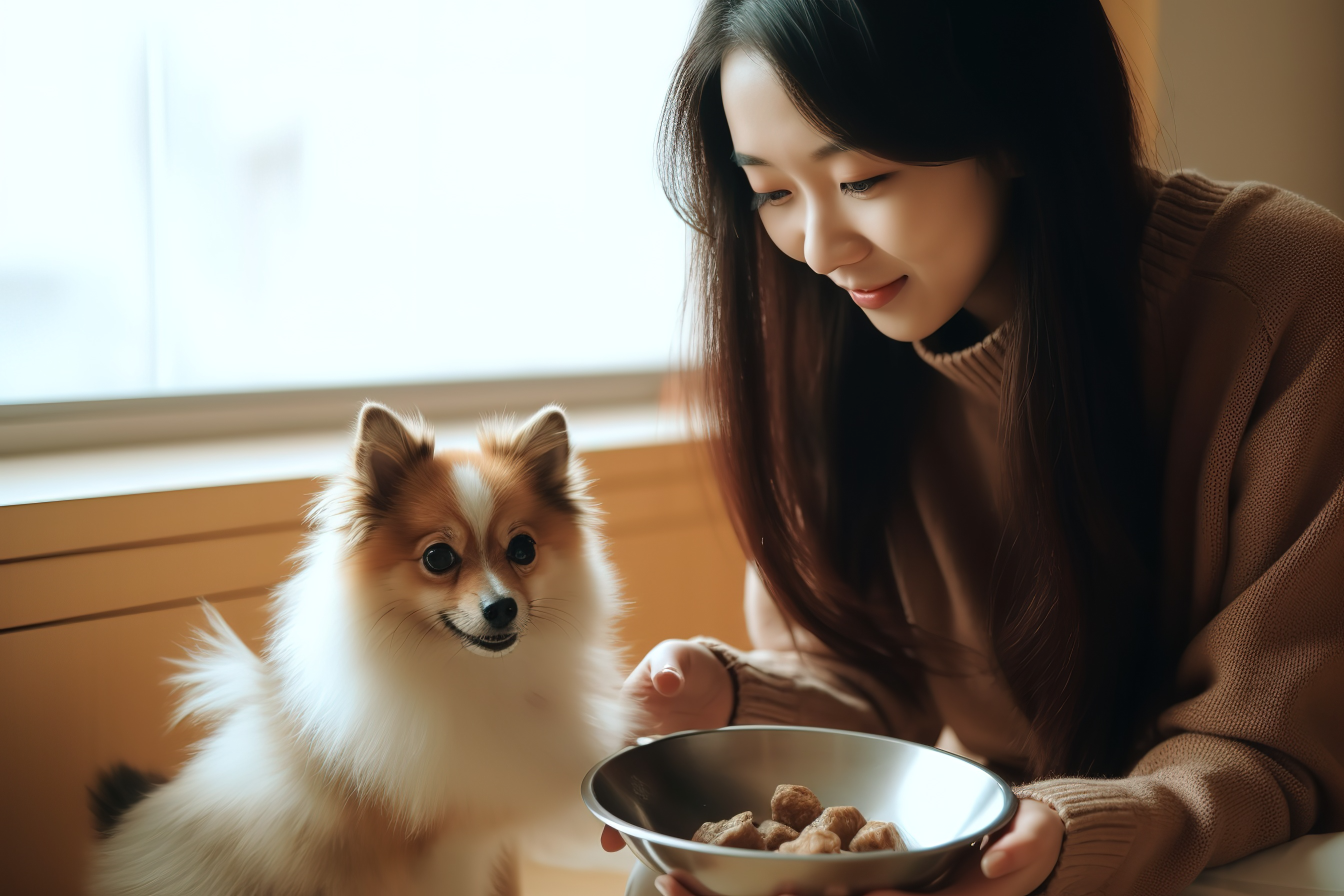 韩国女性宠物喂食温馨场景