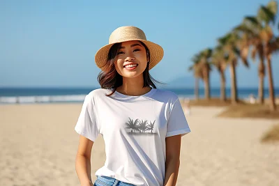 夏日海滩韩国女模纯白T恤展示
