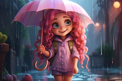 粉红色头发小女孩雨中撑伞卡通形象