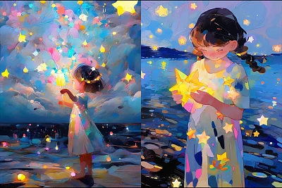 油画风格动漫小女孩许愿