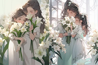 母女共赏康乃馨的温馨母亲节画面