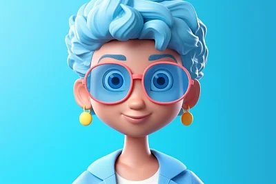 3D女性卡通人物蓝色T恤太阳镜