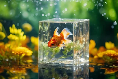 活力花园中的金鱼漂浮水块