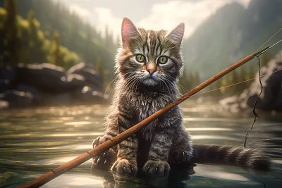 微笑钓鱼小猫摄影