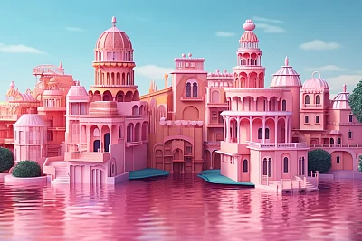 粉色湖边奇幻建筑设计