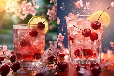 鲜花环绕樱桃柠檬水杯特写