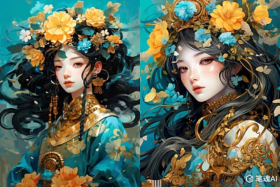 深绿松石色头发戴花的动漫女性设计