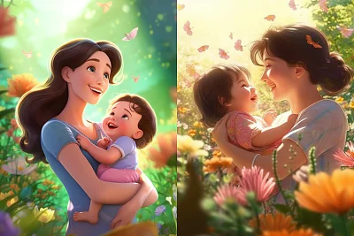温馨春天母子花园插画