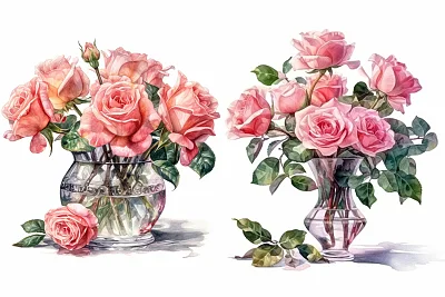 逼真粉红玫瑰水彩画