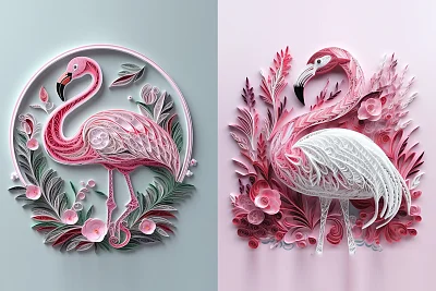 粉红白色火烈鸟刺绣卷纸艺术