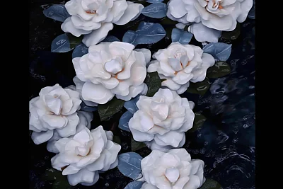 深银浅靛蓝白玫瑰水彩画