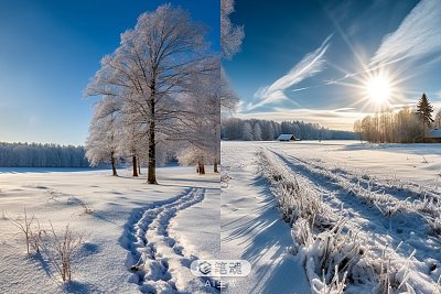 阳光下白雪覆盖的草地全景