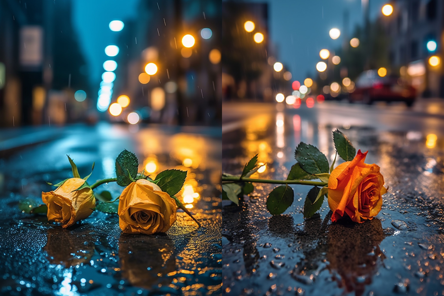 雨夜城市路灯下的玫瑰花摄影