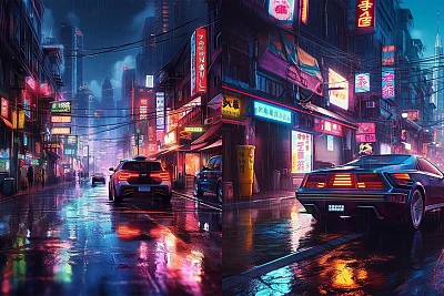 赛博朋克风格城市街道夜景