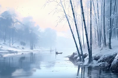 哑光风格河边竹林雪景画作