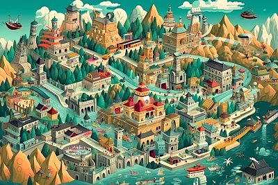 中国朋克风格卡通地标地图