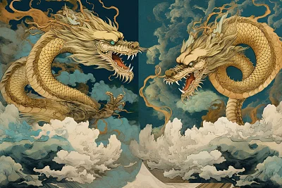 古典中国画风格忍者龙云图案