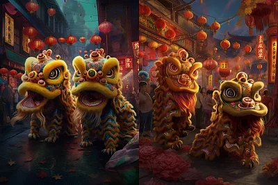 中国传统舞狮节日庆典艺术作品