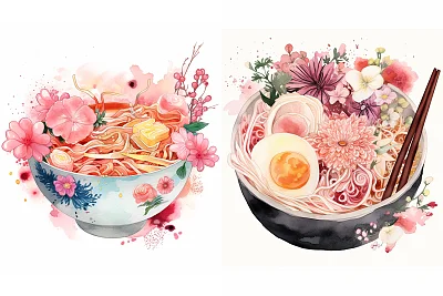 粉红色花朵装饰日本拉面水彩卡通画