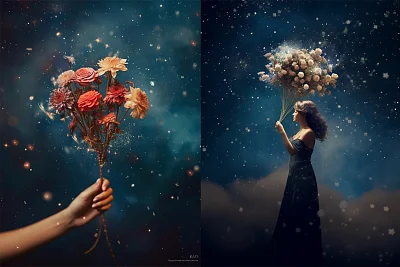 浪漫简约主义星系花束插画