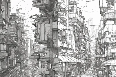 赛博朋克风格日本城市动漫建筑