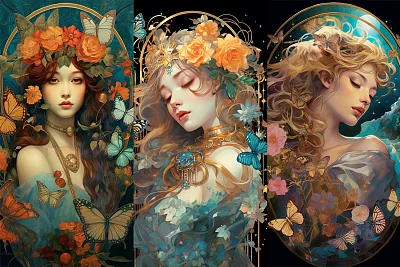 神秘女人肖像画：梦幻宝石色调与新艺术风格融合