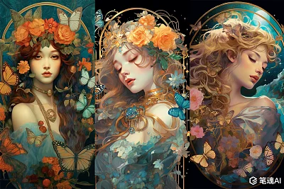 神秘女人肖像画:梦幻宝石色调与新艺术风格融合