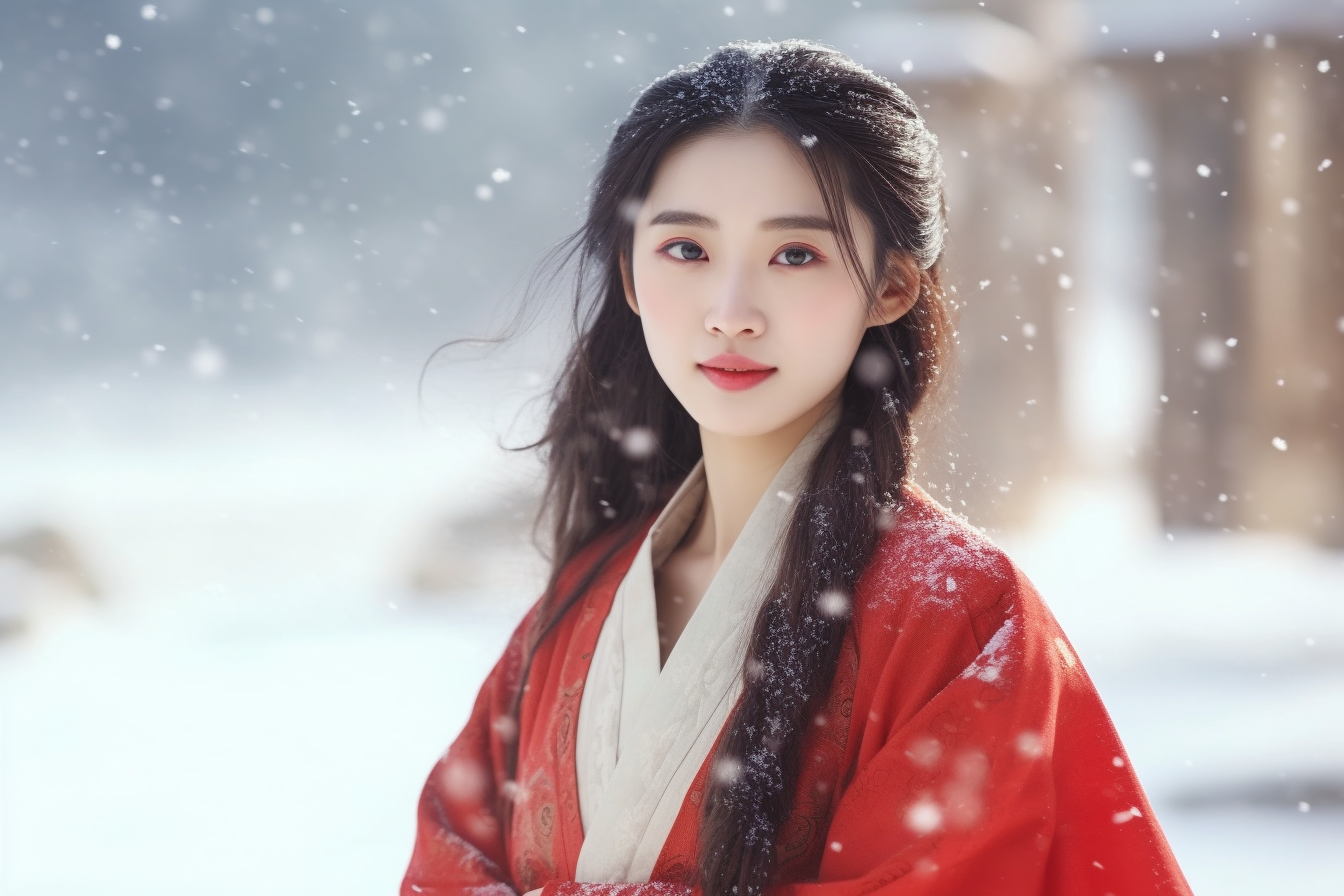 雪天路上穿淡红长裙的年轻中国美女