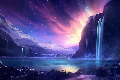 夜晚金色河流上的心形水晶瀑布