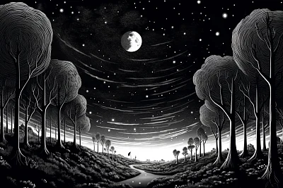 星空下的复古风格森林T恤设计