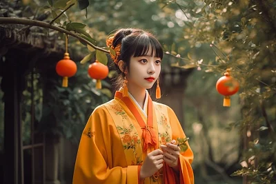 橘色汉服手工国风可爱姑娘
